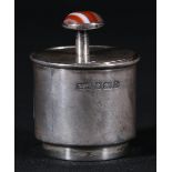 Silver trinket box of circular section with Scottish agate finial,