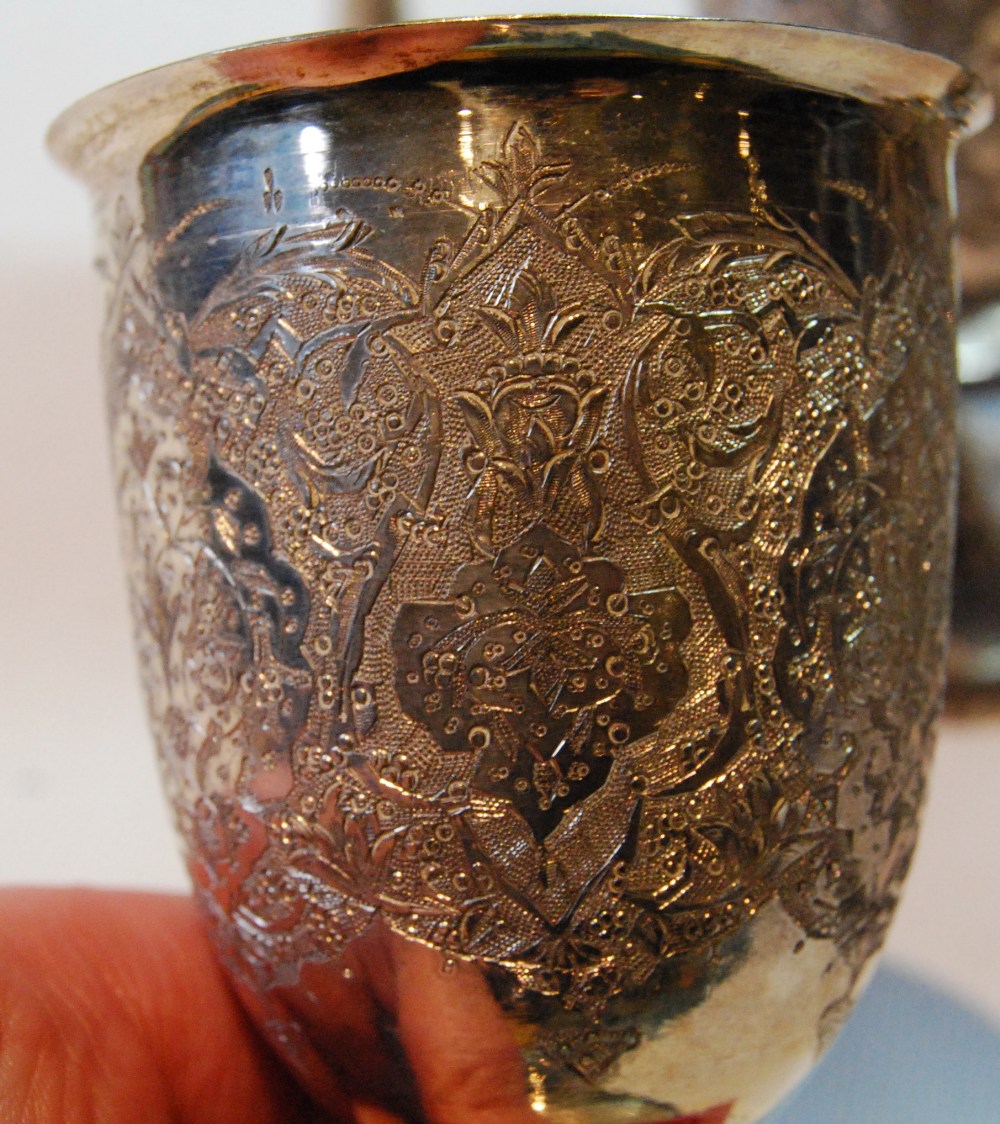 Set of six Iranian Isfahan silver wine goblets and six others, smaller, with waisted stems, - Image 2 of 3