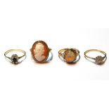 Cameo ring and three others, all 9ct gold.