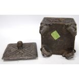 18th century square lead box and cover, possibly continental, the sides with hunting scenes,