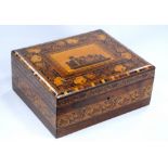 Tunbridge Ware jewellery box, the lid with a castle within rose borders, with fitted interior,