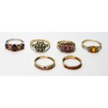 Six gem rings, various, all in 9ct gold.