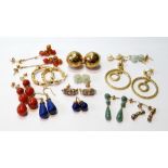 Pair of gold ball earrings and twelve other pairs, some gem-set, mostly 9ct gold.