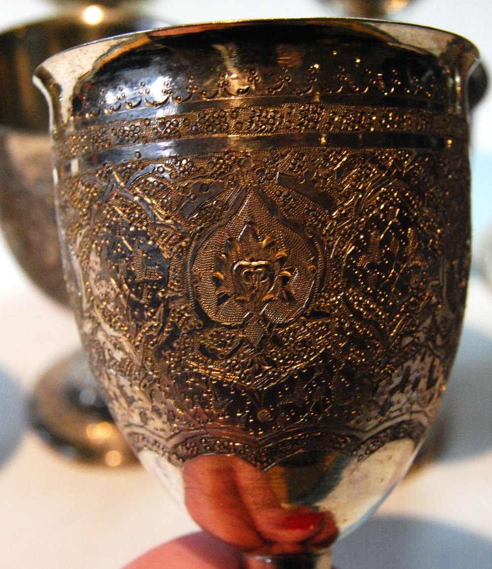 Set of six Iranian Isfahan silver wine goblets and six others, smaller, with waisted stems, - Image 3 of 3
