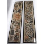 Pair of Chinese silk embroidered panels, framed, 51cm x 10.5cm.