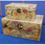 Chinese floral papier maché travel trunk, 69cm, and another similar trunk, 50cm.