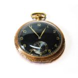 Gent's Longines dress watch with black and gilt dial, micrometer regulator, in gold open face case,