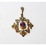 Edwardian amethyst and pearl pendant, 9ct.