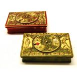 Two 19th century French stained card gaming counter boxes, in red and green,