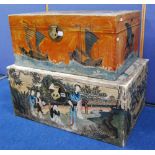 Two Chinese floral papier maché travel trunks, , 69cm x 79cm.