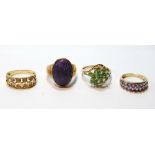 Gold ring with fluorspar and three others, all 9ct.