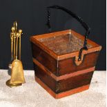 Oak and copper coal bucket, 38cm square at top, and a brass companion set.