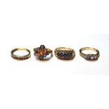 Four gem rings in 9ct gold.