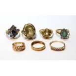 18ct gold band ring and six others, gem-set, various, 9ct. Condition Report 18ct 1.