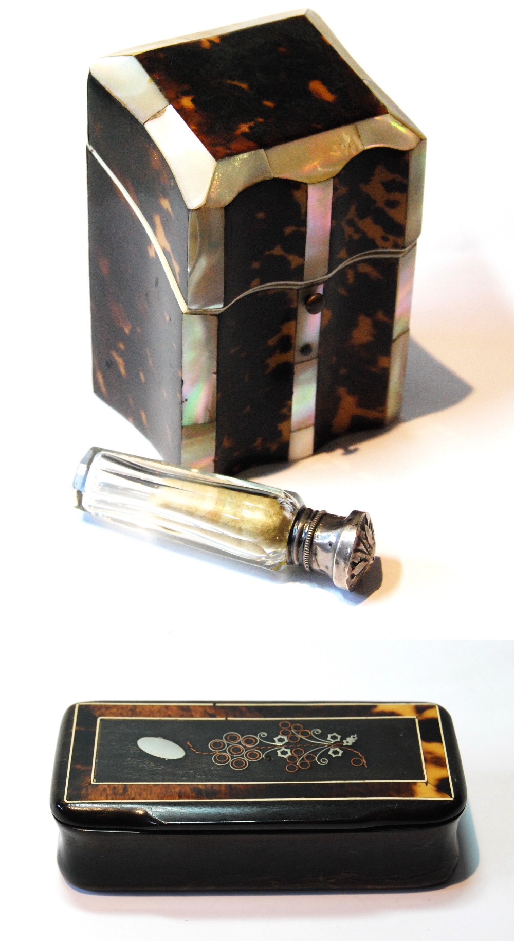 Victorian tortoiseshell and mother of pearl necessaire with sloping front and a similar snuff box.