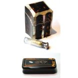 Victorian tortoiseshell and mother of pearl necessaire with sloping front and a similar snuff box.