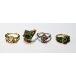 Four gem rings, various, in 9ct gold.