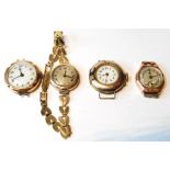 Four ladies' 9ct gold watches, one on bracelet.