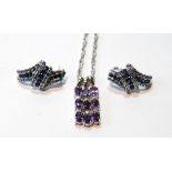 18ct white gold necklace with three batons set with amethysts and a pair of similar earrings with