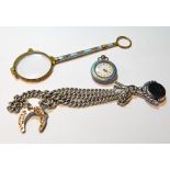 Silver watch guard with seal, a gilt and enamel lorgnette and a similar silver watch.