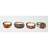 Two gold rings with coral, another, citrine and sapphire, and another, all 9ct.