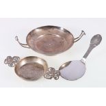 Greek Revival silver bonbon dish, Sheffield 1908, 18cm, a Victorian silver tea strainer London 1896,