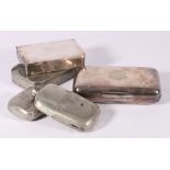 Victorian silver plated cigar case, 15cm, two sandwich boxes and pewter hip flask.