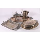 Early 20th century oval silver plated tray, 45cm, a sugar helmet, water jug and entree dishes.