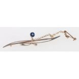 15ct gold sapphire and diamond bar brooch, marked "15ct", 3.1g gross.