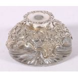 Victorian silver mounted inkwell, maker William Comyns, with pierced c-scroll,