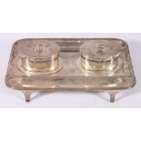 Victorian silver desk stand with two inkwells with glass reservoir,