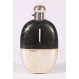 Walker & Hall silver and leather hip flask with hinged bayonet cap and detachable cup,