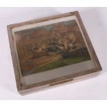 Large silver cigarette box, the hinged lid inset with print of "The First Steeple Chase on Record",