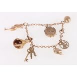 9ct gold charm bracelet, with tigers eye agate charm and six others, on a belcher link chain,