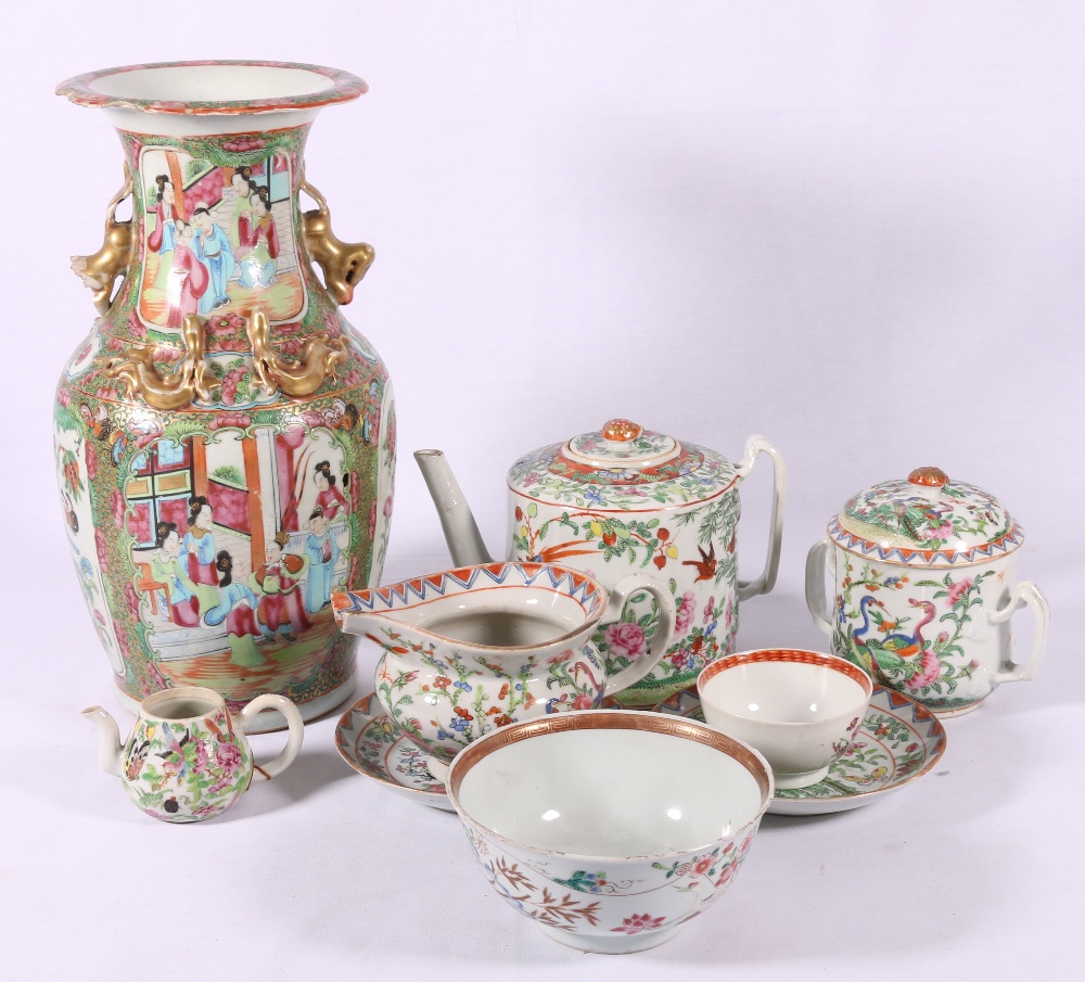 Group of Canton ceramics to include famille rose baluster vase 34cm, famille rose teapot 14cm,