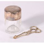 Samson Mordan silver mounted perfume bottle, 9cm and a pair of silver sugar nips by Elkingham 7 Co.