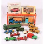 Playworn Dinky Toys to include 23F Alfa Romeo racing car, 23N Masserati racing car,