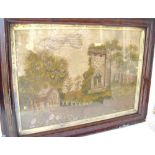 Large Victorian woolwork of a cottage with abbey, in a walnut frame, 64.5cm x 48.5cm.