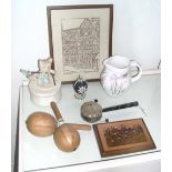 Needlework of Stratford, art jug, egg and four miscellaneous items.