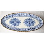 Large oval blue and white gilt porcelain trinket tray, 56cm x 25.5cm.