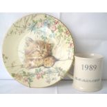 Jean Alexander 1989 personal mug together with a Royal Worcester cat plaque.