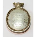 Oval medal, 'W. Middlemas, Writer, Kilmarnock Farmers Club, James Picken, Craigie', cased.
