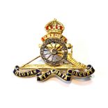 Royal Artillery gold sweetheart brooch with a diamond-set wheel and enamel, probably 15ct.