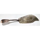 Dundee silver fish slice of fiddle pattern with pierced and engraved fish within engraved punch