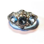 Art Deco ring with three aquamarines and eight diamond brilliants,