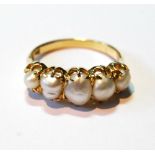 Edwardian half hoop ring with five baroque pearls, in gold, 'E.C., 18'.