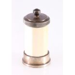 Hukin and Heath silver mounted ivory pepper grinder, Birmingham 1935, 9.2cm.