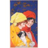 GEORGE DOUGLAS (BRITISH 20TH CENTURY ) Girls and Spaniel Watercolour, signed and dated,