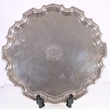 Walker & Hall silver tray, with serpentine border and engraved monogram, raised on scroll feet,