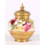 Royal Worcester blush ivory pot pourri vase with pierced cover and painted roses, signed Blake,